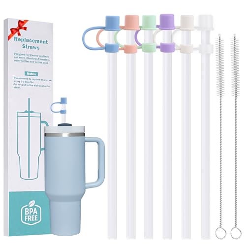 LUCKINEE 6 Plastic Straws Reusable for Stanley Tumbler 30 oz 40 oz, 12 Inch Straight Replacement Straw with 6 Colorful Straw Covers, 2 Cleaning Brushes for Stanley Cup Accessories - Image 1