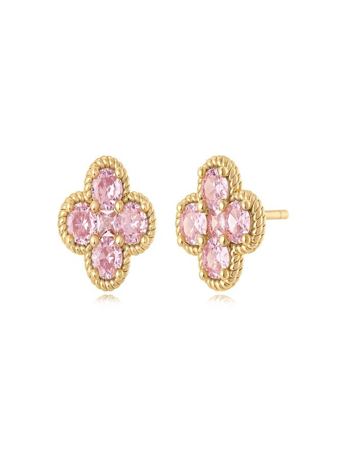 MYEARS Stud Earrings for Women Gold Flower Four-leaf-clover 12 Month Birthstone 14K Small Simple Hypoallergenic Birthday Gift Jewelry, One Size, Brass Metal Yellow Gold, Cubic Zirconia - Image 1