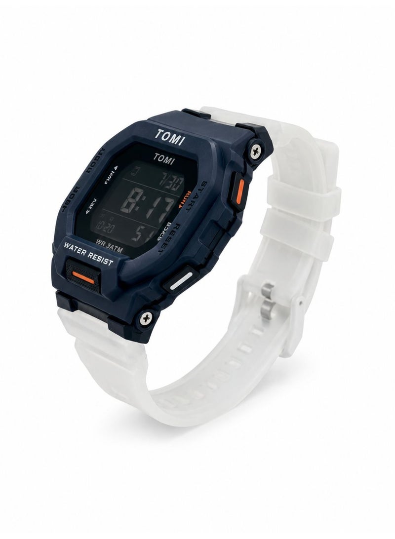 TOMI Blaze TM2020 Digital Sports Watch for Men – Translucent Silicone Strap, 3ATM Water Resistant, LED Backlight, Multi-Function Tactical Design – Matte Black & Frost White - Image 2