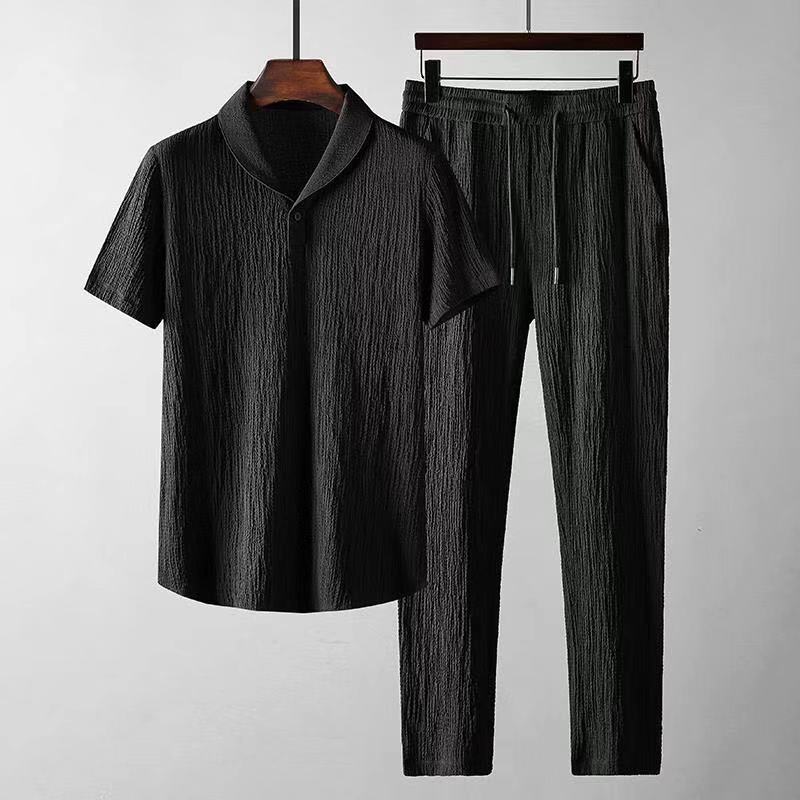 Summer Fashion Folded Two-Piece Set Mens Cotton Linen Short Sleeve T-Shirt Mint Collar White Casual Sports Suit Polyester vest black  - Image 3