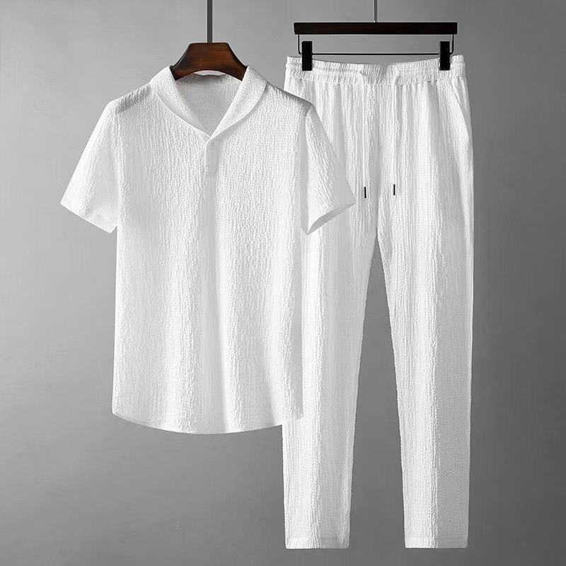 Summer Fashion Folded Two-Piece Set Mens Cotton Linen Short Sleeve T-Shirt Mint Collar White Casual Sports Suit Polyester vest black  - Image 4
