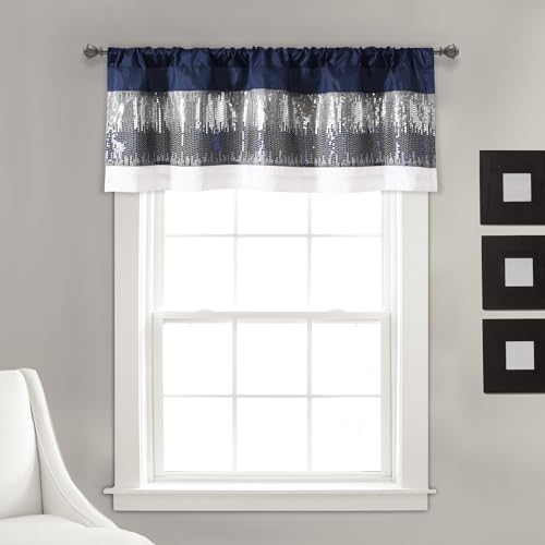 Lush Decor Night Sky Sequins Valance Curtain Single 52W x 18L Navy White Kitchen Curtains Valances For Windows Bathroom Curtains Window - Image 1