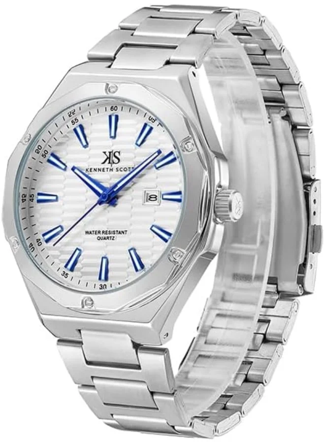 كينيث سكوت Kenneth Scott Men SL28D Movement Watch, Analog Display and Stainless Steel Strap - K23026-SBSW, Silver
