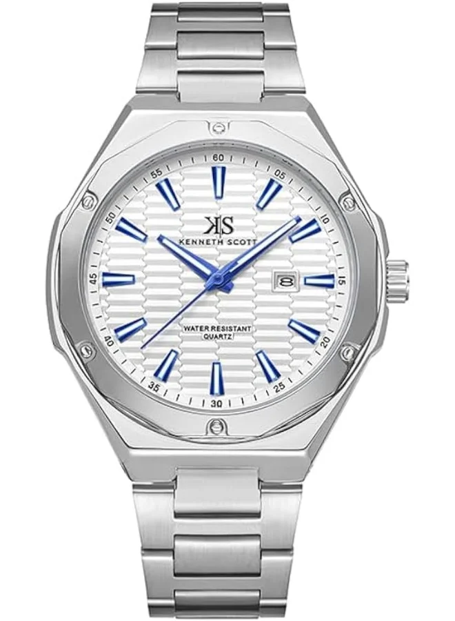 كينيث سكوت Kenneth Scott Men SL28D Movement Watch, Analog Display and Stainless Steel Strap - K23026-SBSW, Silver