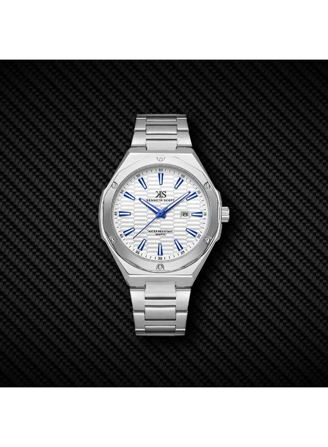 Kenneth Scott White Kenneth Scott Men SL28D Movement Watch, Analog Display and Stainless Steel Strap - K23026-SBSW, Silver for Men | Best Price UAE