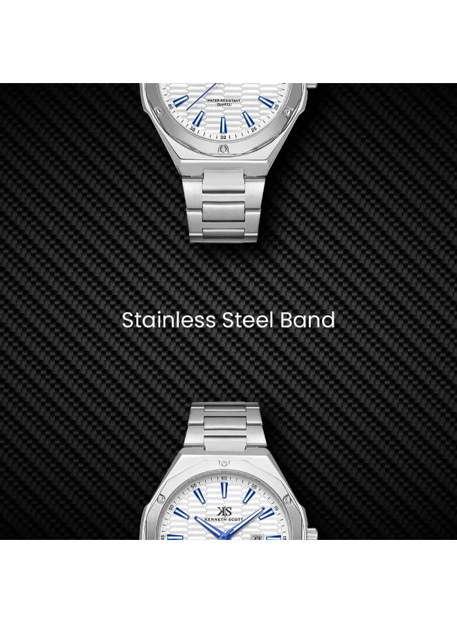 Kenneth Scott White Kenneth Scott Men SL28D Movement Watch, Analog Display and Stainless Steel Strap - K23026-SBSW, Silver for Men | Best Price UAE
