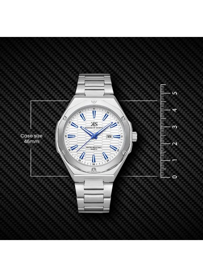 Kenneth Scott White Kenneth Scott Men SL28D Movement Watch, Analog Display and Stainless Steel Strap - K23026-SBSW, Silver for Men | Best Price UAE