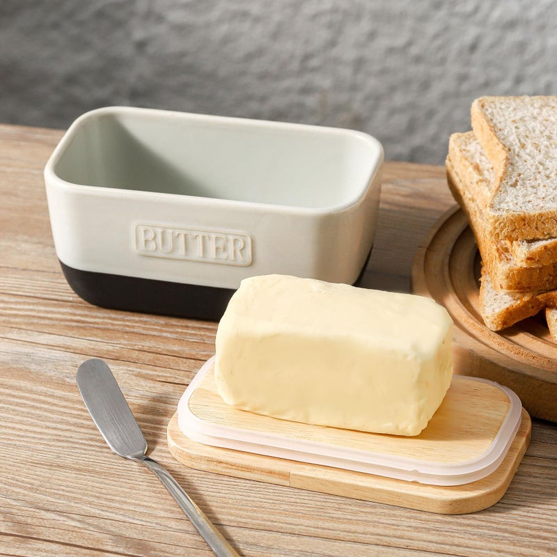 HVH Ceramic Butter Dish with Lid for Countertop, Airtight Butter Keeper with Wooden Lid, Butter Holder for East West Coast Butter, Farmhouse Style (Black Pottery, 6 x 3.5 x 2.7) - Image 2