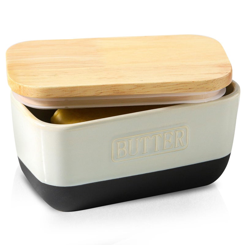HVH Ceramic Butter Dish with Lid for Countertop, Airtight Butter Keeper with Wooden Lid, Butter Holder for East West Coast Butter, Farmhouse Style (Black Pottery, 6 x 3.5 x 2.7) - Image 1