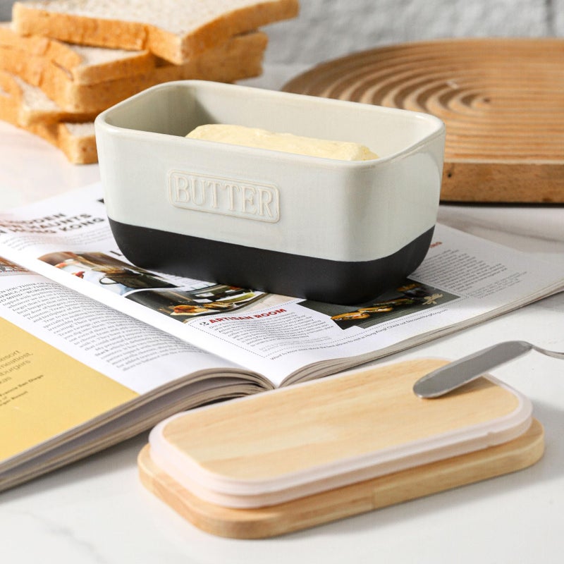 HVH Ceramic Butter Dish with Lid for Countertop, Airtight Butter Keeper with Wooden Lid, Butter Holder for East West Coast Butter, Farmhouse Style (Black Pottery, 6 x 3.5 x 2.7) - Image 5