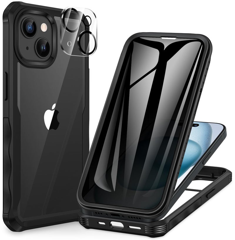CENHUFO Privacy for iPhone 15 Plus Case, Full Body Phone Case with Built-in 9H Tempered Glass Privacy Screen Protector and Camera Lens Protector, Anti Peep Spy Shockproof Bumper Clear Cover -Black - Image 1