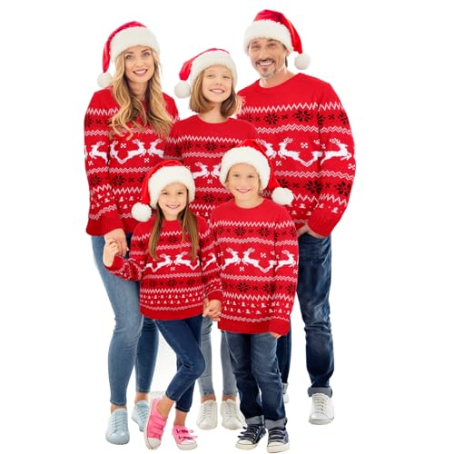 Xaatren Matching Family Christmas Sweaters Ugly Knit Pullover Cute Long Sleeve Crew Neck Xmas Holiday Jumper with Hat (Medium,Red Elk,Kid) - Image 5
