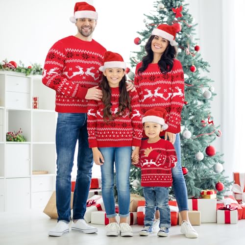 Xaatren Matching Family Christmas Sweaters Ugly Knit Pullover Cute Long Sleeve Crew Neck Xmas Holiday Jumper with Hat (Medium,Red Elk,Kid) - Image 4