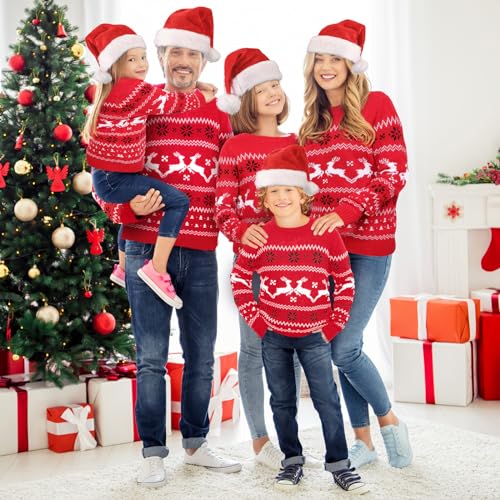 Xaatren Matching Family Christmas Sweaters Ugly Knit Pullover Cute Long Sleeve Crew Neck Xmas Holiday Jumper with Hat (Medium,Red Elk,Kid) - Image 3