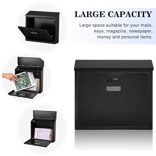 xydled Mail Boxes with Combination Lock,Locking Mailbox Wall Mounted,Security Metal Mailbox Drop Box, Modern Large Capacity,Steel Cover Metal Postbox for House Home Outside, Black, 14.2''x12.6''x4'' - Image 2