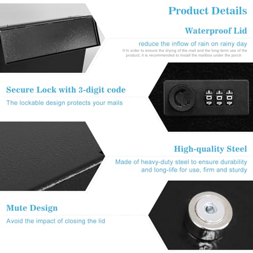 xydled Mail Boxes with Combination Lock,Locking Mailbox Wall Mounted,Security Metal Mailbox Drop Box, Modern Large Capacity,Steel Cover Metal Postbox for House Home Outside, Black, 14.2''x12.6''x4'' - Image 5