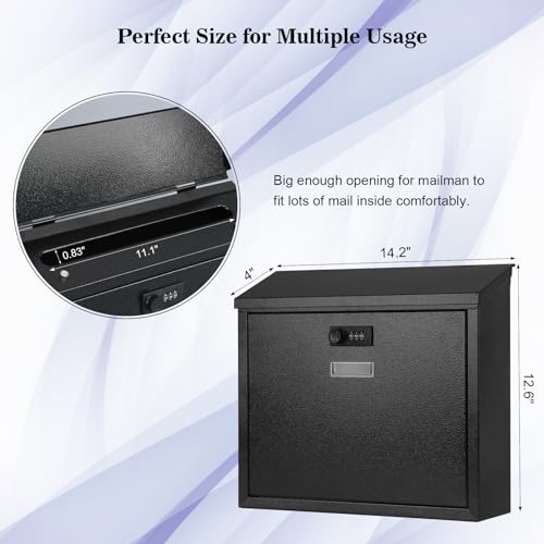xydled Mail Boxes with Combination Lock,Locking Mailbox Wall Mounted,Security Metal Mailbox Drop Box, Modern Large Capacity,Steel Cover Metal Postbox for House Home Outside, Black, 14.2''x12.6''x4'' - Image 3