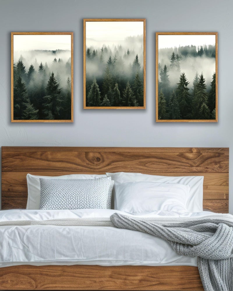 UPWOIGH Large Framed Canvas Wall Art, Set of 3 Foggy Forest Decor, 16x24 in Minimalist Natural Cotton Posters, Misty Forest Triptych, Green Botanical Modern Aesthetic for Living Room, Bedroom, Office - Image 1