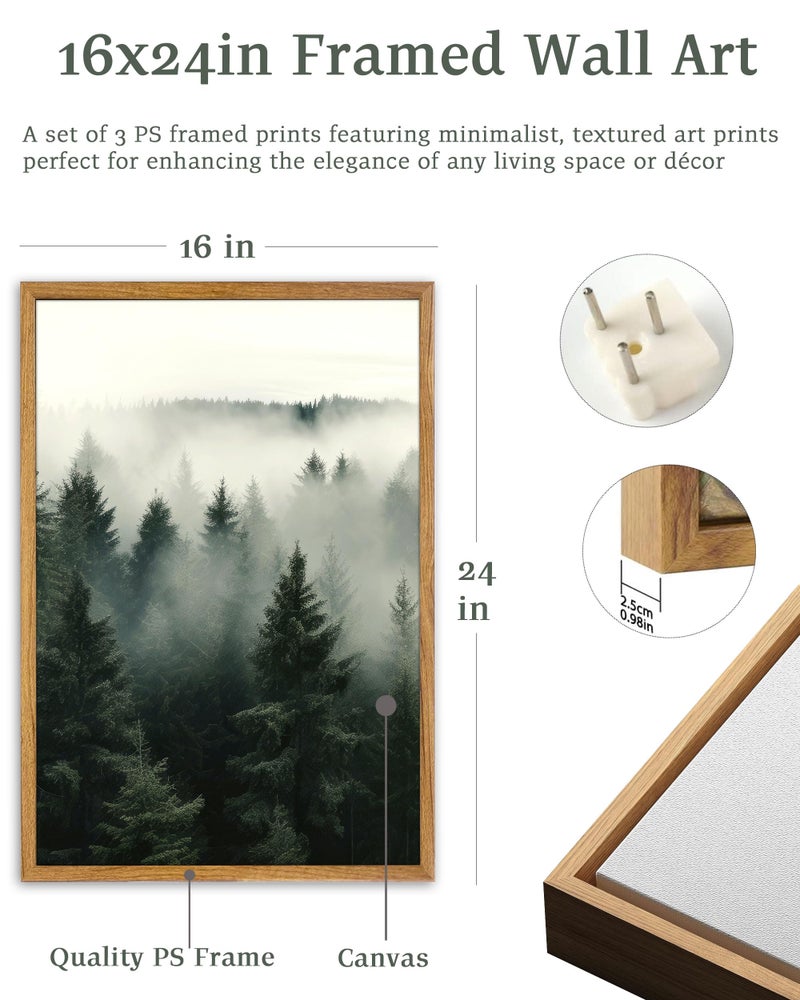 UPWOIGH Large Framed Canvas Wall Art, Set of 3 Foggy Forest Decor, 16x24 in Minimalist Natural Cotton Posters, Misty Forest Triptych, Green Botanical Modern Aesthetic for Living Room, Bedroom, Office - Image 2