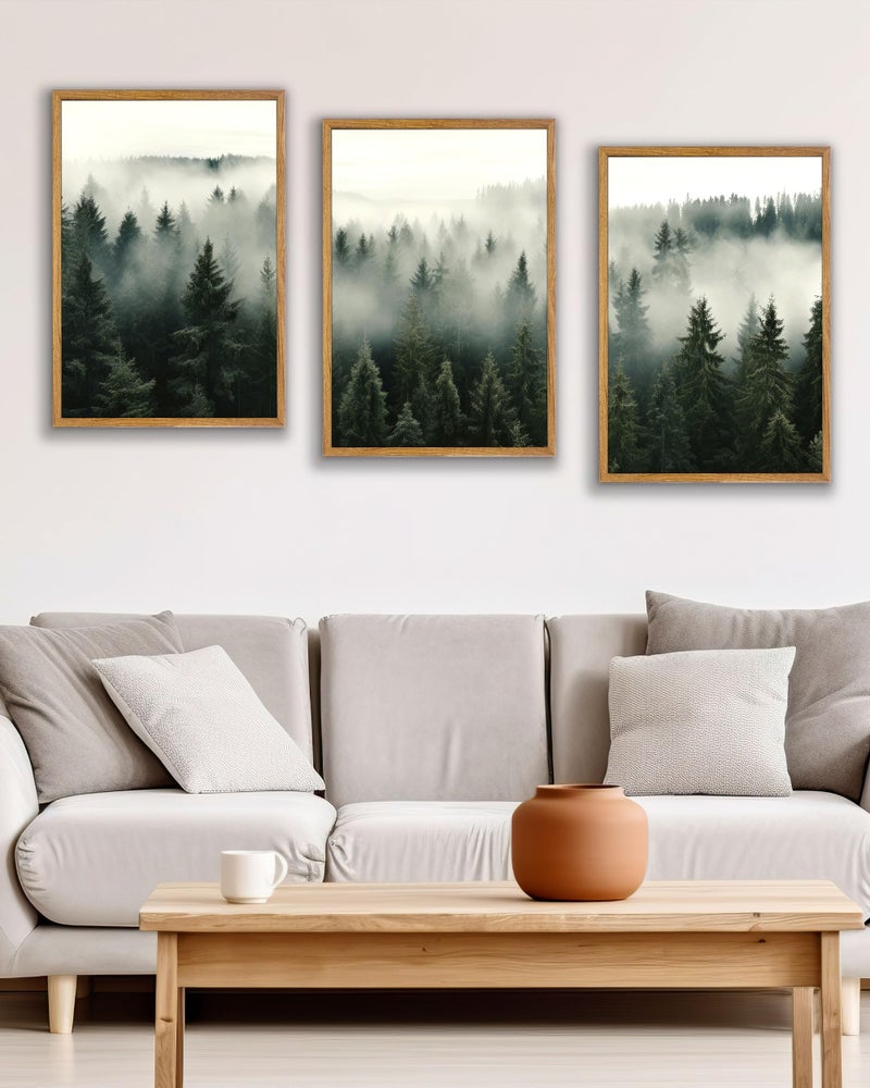 UPWOIGH Large Framed Canvas Wall Art, Set of 3 Foggy Forest Decor, 16x24 in Minimalist Natural Cotton Posters, Misty Forest Triptych, Green Botanical Modern Aesthetic for Living Room, Bedroom, Office - Image 3