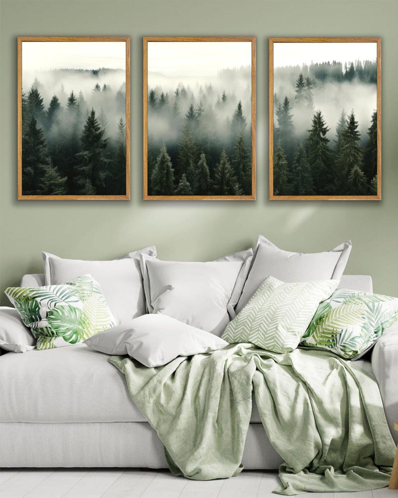 UPWOIGH Large Framed Canvas Wall Art, Set of 3 Foggy Forest Decor, 16x24 in Minimalist Natural Cotton Posters, Misty Forest Triptych, Green Botanical Modern Aesthetic for Living Room, Bedroom, Office - Image 5