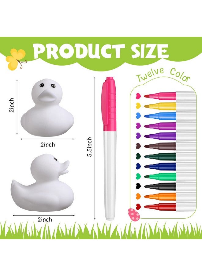 Jerify جريفي 24 قطعة من البط المطاطي الأبيض الفارغ بحجم 2 بوصة بطات مطاطية إبداعية مع أقلام بـ 12 لون لمسبح حوض الاستحمام عائم هدايا عيد الفصح الحرف اليدوية للأطفال هدايا أعياد الميلاد لحفلات الأطفال - Image 2