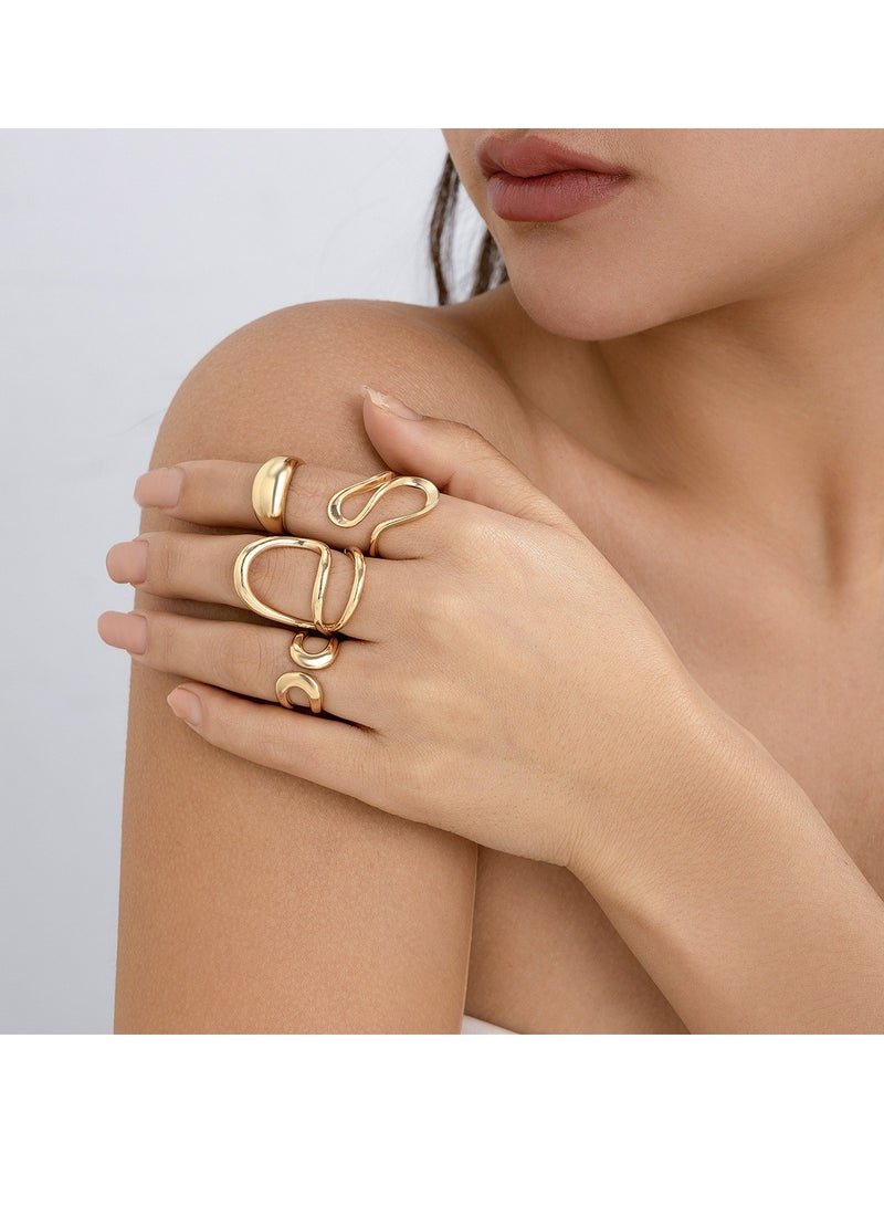 مجموعة خواتم مفتوحة أنيقة من 4 قطع من لافا السائل للنساء - طراز عتيق وبسيط، مصنوعة من خليط معدني، هدية مثالية للأصدقاء، إكسسوار أنيق للحفلات (ذهبي) - Image 2
