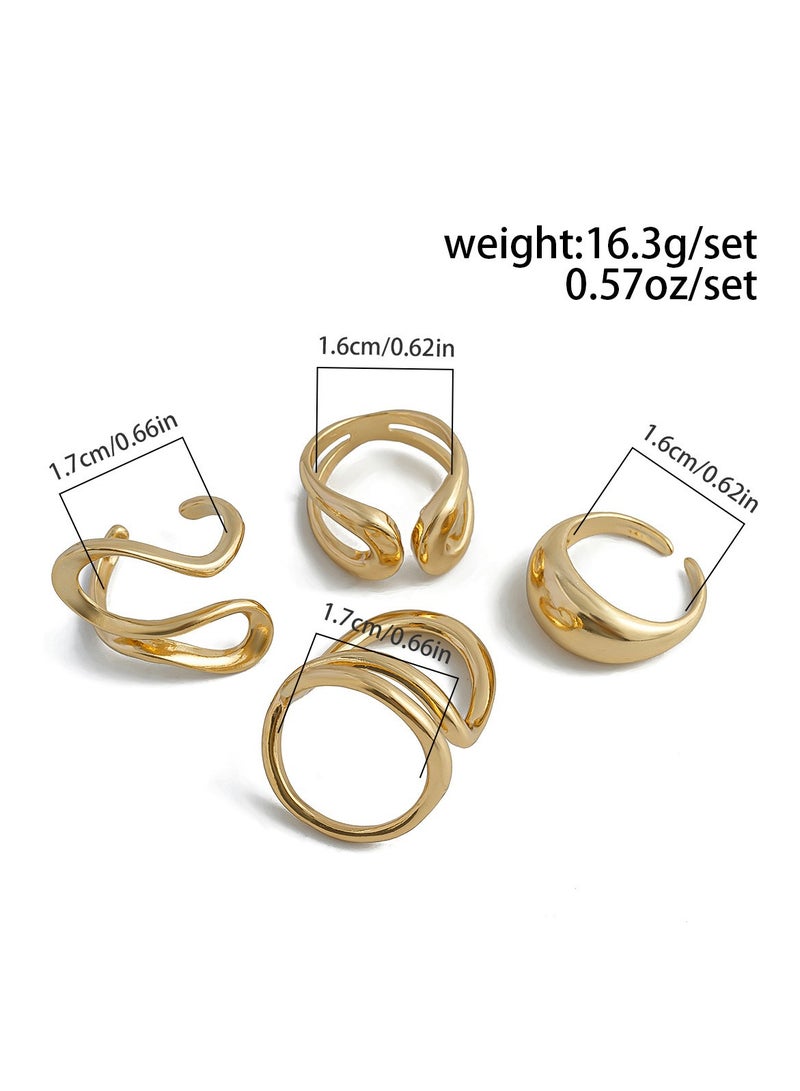 مجموعة خواتم مفتوحة أنيقة من 4 قطع من لافا السائل للنساء - طراز عتيق وبسيط، مصنوعة من خليط معدني، هدية مثالية للأصدقاء، إكسسوار أنيق للحفلات (ذهبي) - Image 3