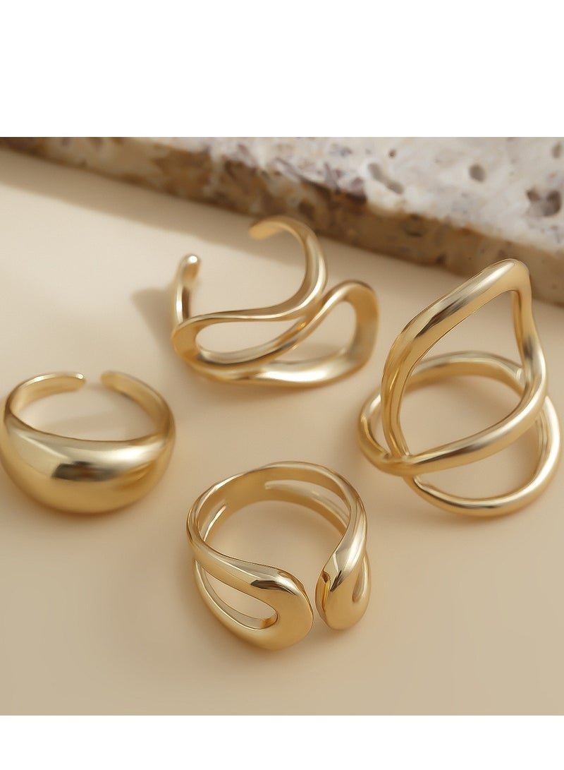 مجموعة خواتم مفتوحة أنيقة من 4 قطع من لافا السائل للنساء - طراز عتيق وبسيط، مصنوعة من خليط معدني، هدية مثالية للأصدقاء، إكسسوار أنيق للحفلات (ذهبي) - Image 1