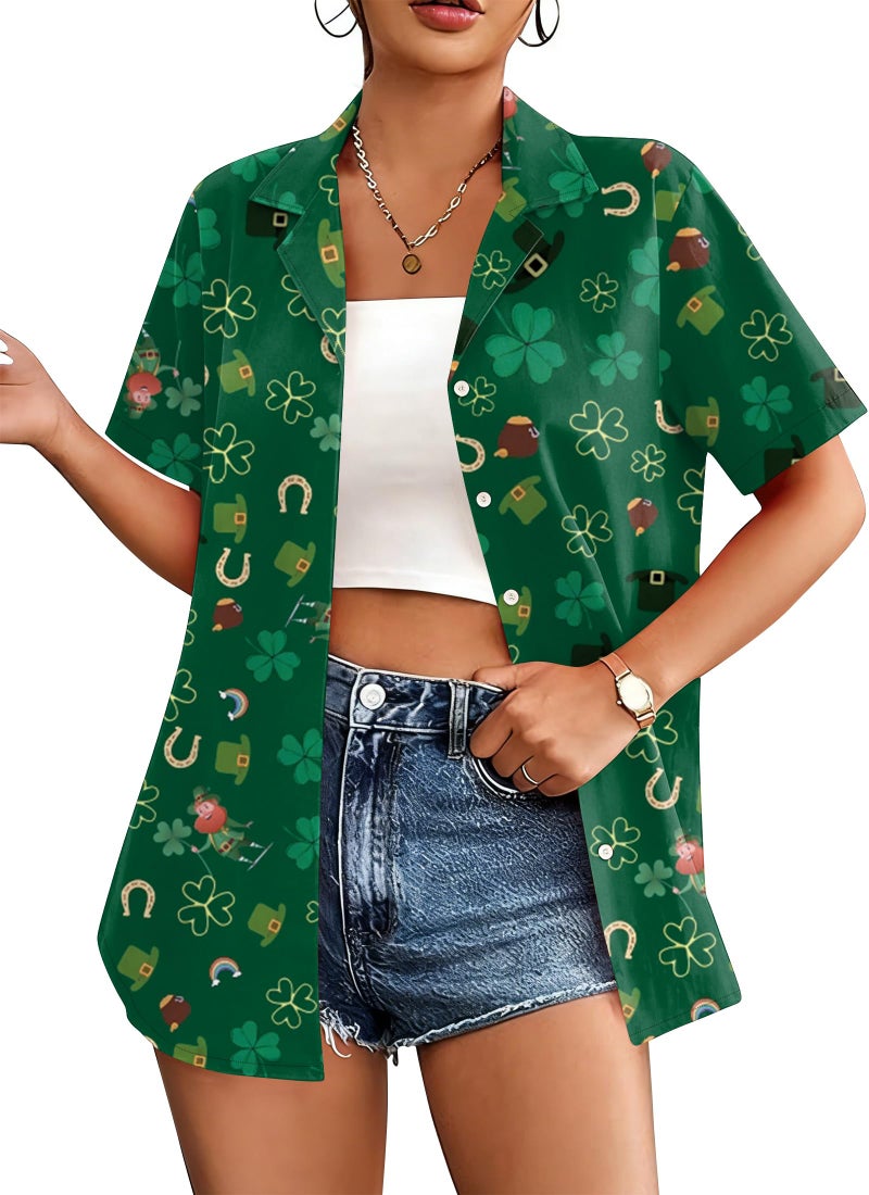 PICKID St Patricks Day Shirt Women St Paddy T Shirt Lucky Shamrock Graphic Tees Hawaiian Button Down Blouse Tops - Image 1