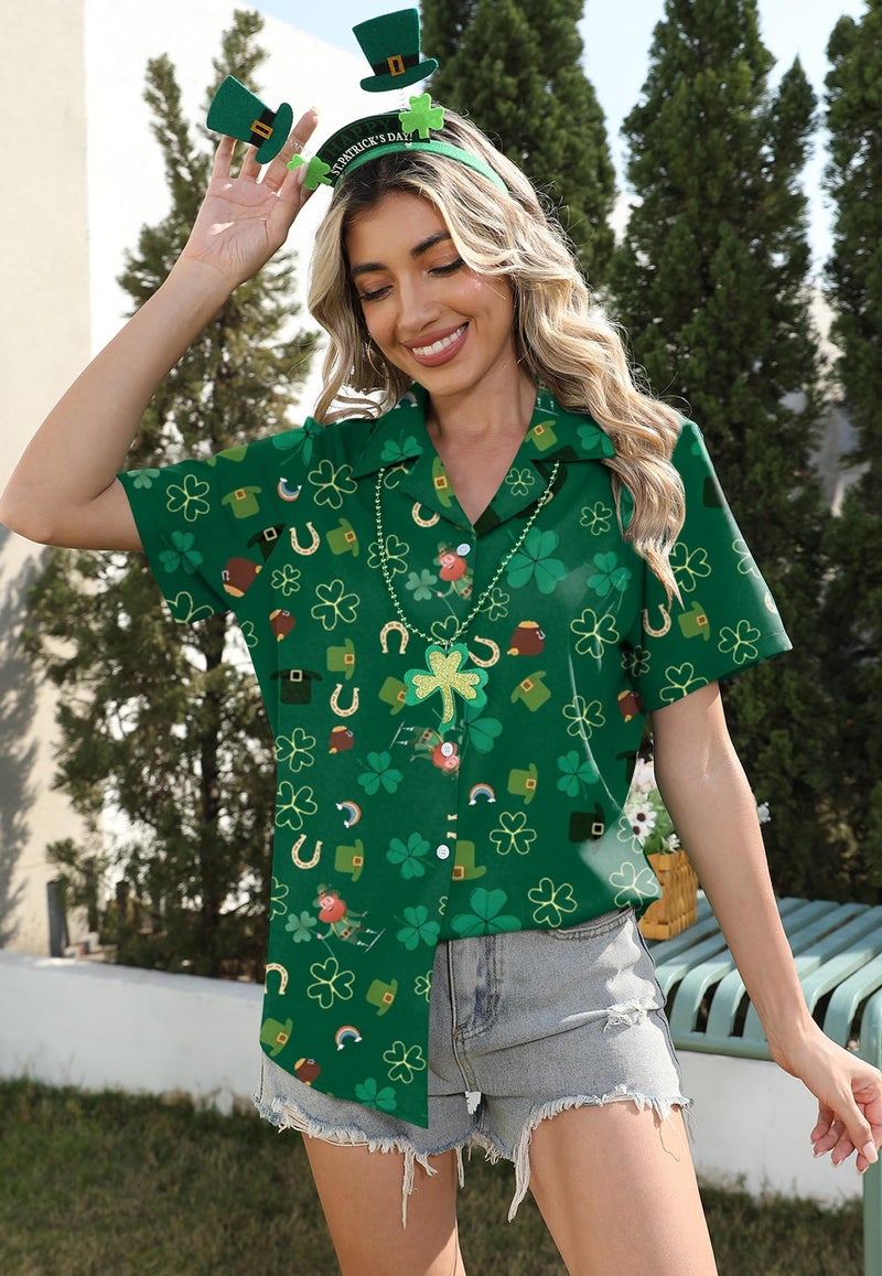 PICKID St Patricks Day Shirt Women St Paddy T Shirt Lucky Shamrock Graphic Tees Hawaiian Button Down Blouse Tops - Image 4