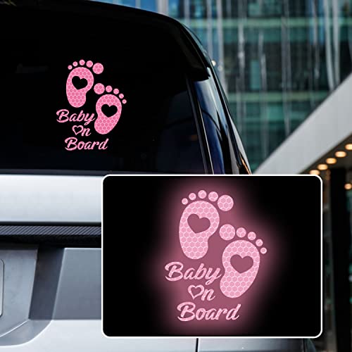 Iprokiu High Intensity Reflective Baby on Board Car Sticker Waterproof Cute Footprint Baby in Car Decal Safety Warning Sign Kids on Board Decal for Car Bumper Window Pink - Image 1