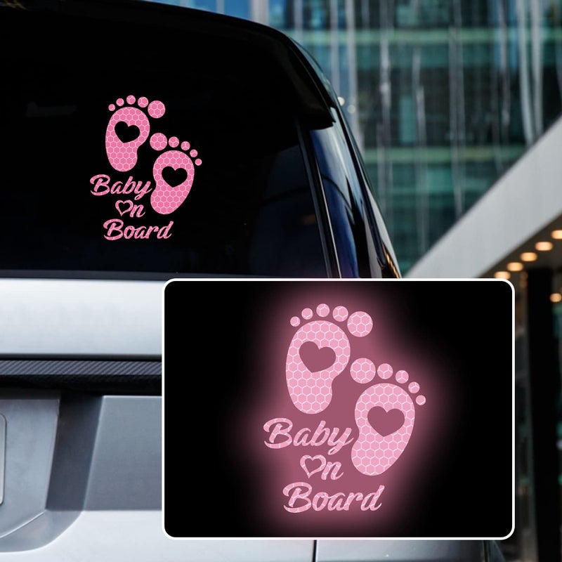 Iprokiu High Intensity Reflective Baby on Board Car Sticker Waterproof Cute Footprint Baby in Car Decal Safety Warning Sign Kids on Board Decal for Car Bumper Window Pink - Image 3