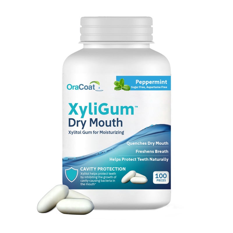 OraCoat XyliGum Dry Mouth Sugar Free Gum, 100 Piece Bottle, Peppermint Chewing Gum with Xylitol for Dry Mouth, Helps Stimulate Saliva, Breath Freshener, Supports Teeth & Gum Health - Image 1