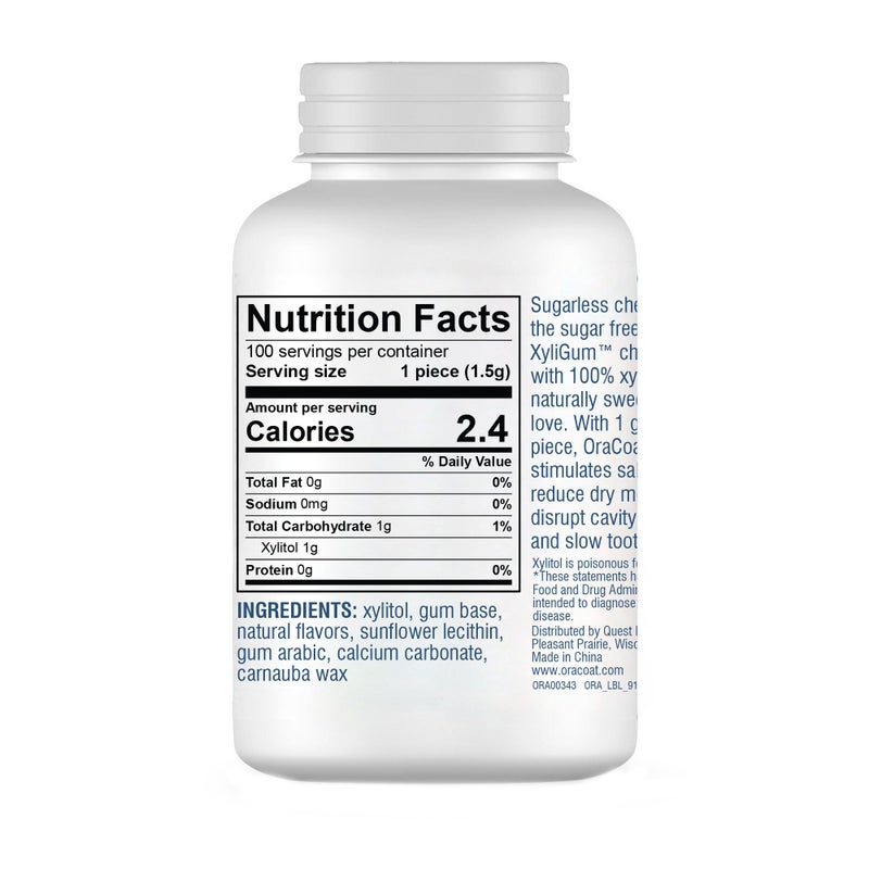 OraCoat XyliGum Dry Mouth Sugar Free Gum, 100 Piece Bottle, Peppermint Chewing Gum with Xylitol for Dry Mouth, Helps Stimulate Saliva, Breath Freshener, Supports Teeth & Gum Health - Image 2