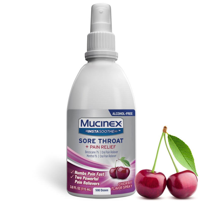 Mucinex Instasoothe Sore Throat Spray for Oral Pain Relief, Throat Numbing Spray with Benzocaine & Menthol Starts to Work on Contact, Cherry Flavor, 3.8 Fl Oz - Image 1
