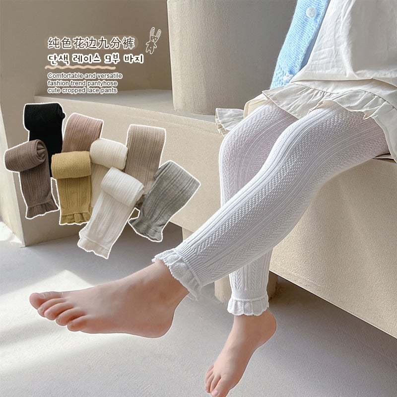 Girls' Leggings Thin Wheat Pattern Solid Color Children'S Leggings New Nine-Point Girls' Pants - Image 4