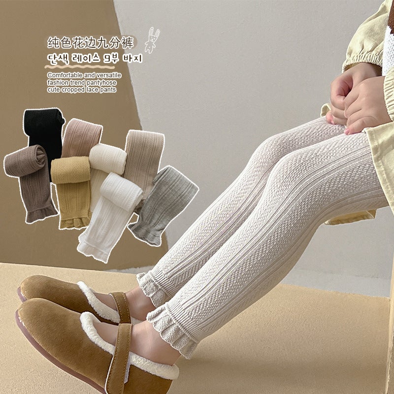 Girls' Leggings Thin Wheat Pattern Solid Color Children'S Leggings New Nine-Point Girls' Pants - Image 2
