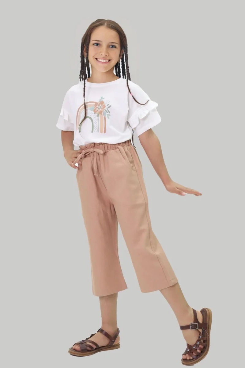 مينيمن جيجيليري My Little One's Cicileri Capri Flowered Gabardine Trousers Girls' Child Suit - Dusty Rose