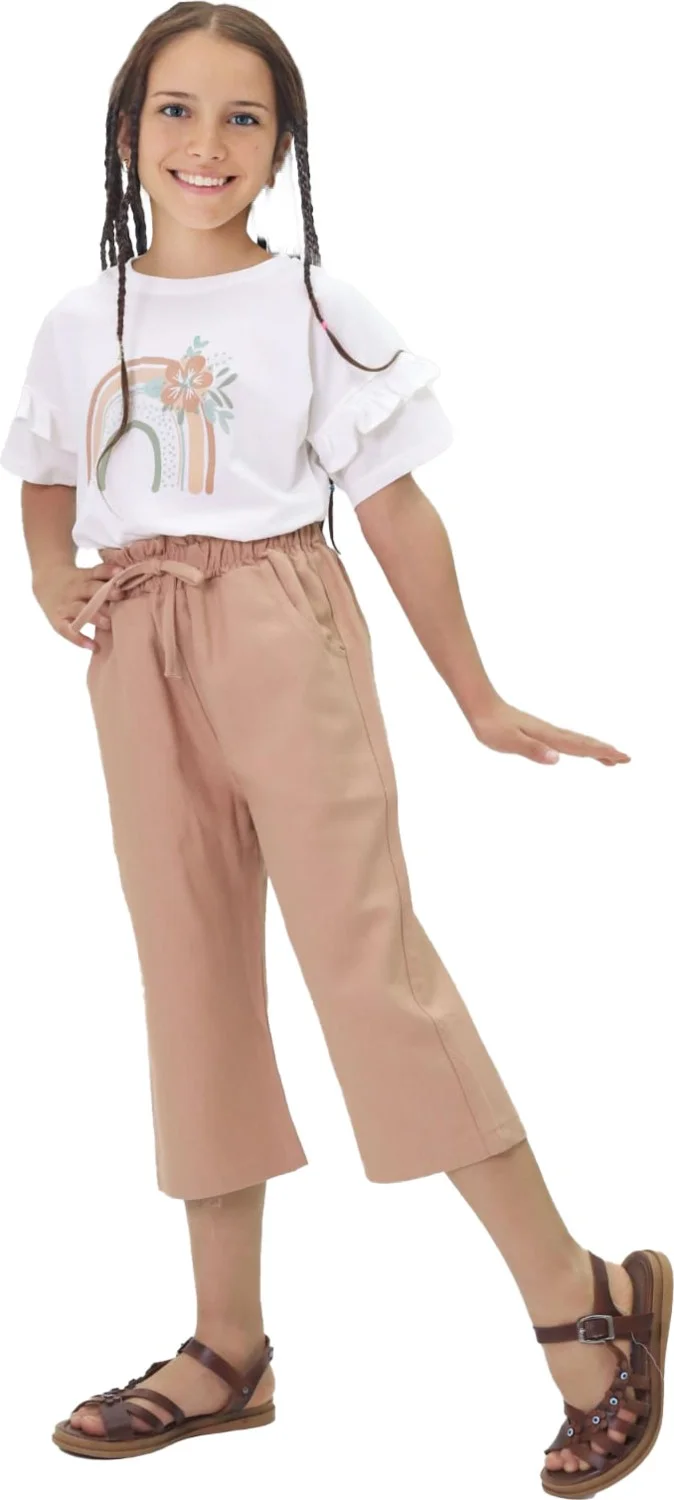 مينيمن جيجيليري My Little One's Cicileri Capri Flowered Gabardine Trousers Girls' Child Suit - Dusty Rose