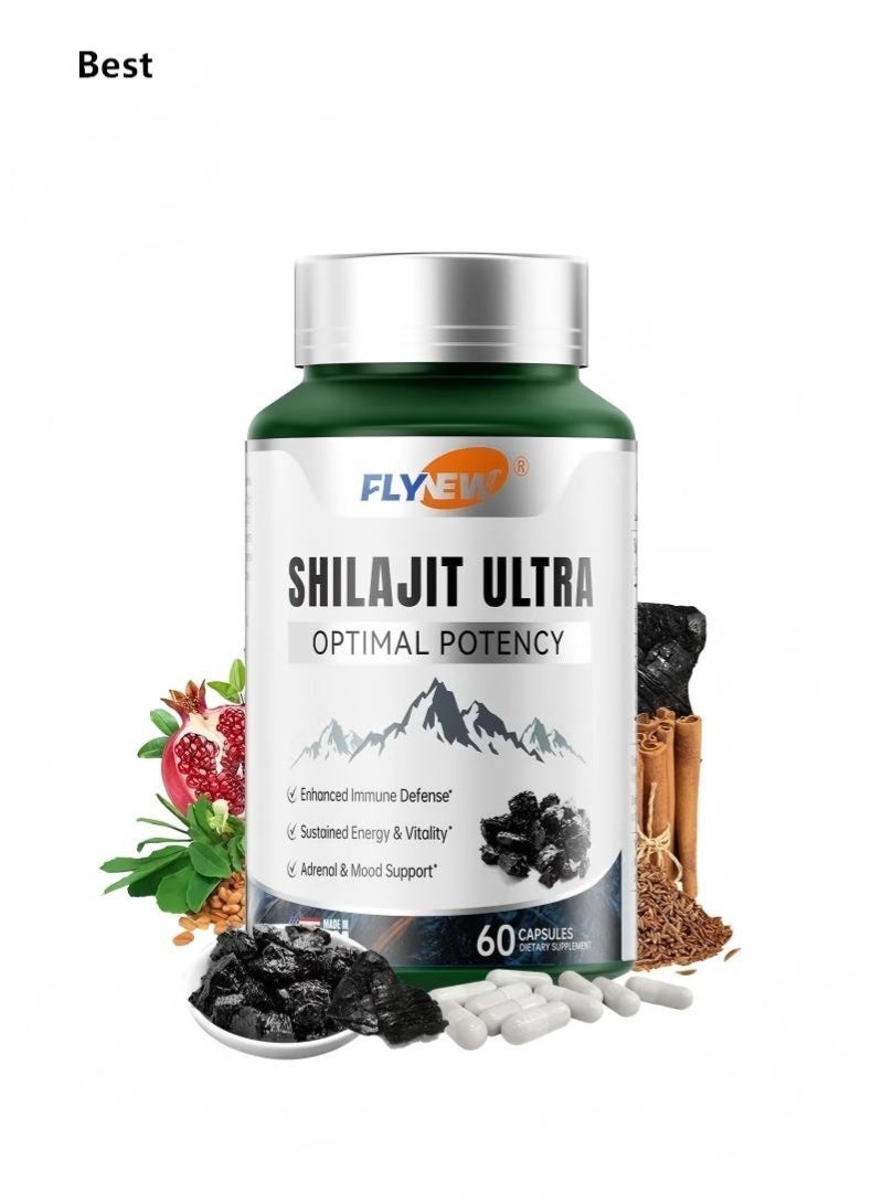 بست كبسولات الشيلاجيت الهيمالاينية (60 كبسولة) - مع حمض الفولفيك الطبيعي والأحماض الأمينية L، للجنسين، يعزز الطاقة ودعم المناعة، غير معدل وراثيًا، مصنوع في الولايات المتحدة الأمريكية، 300 ملغ لكل جرعة - Image 1