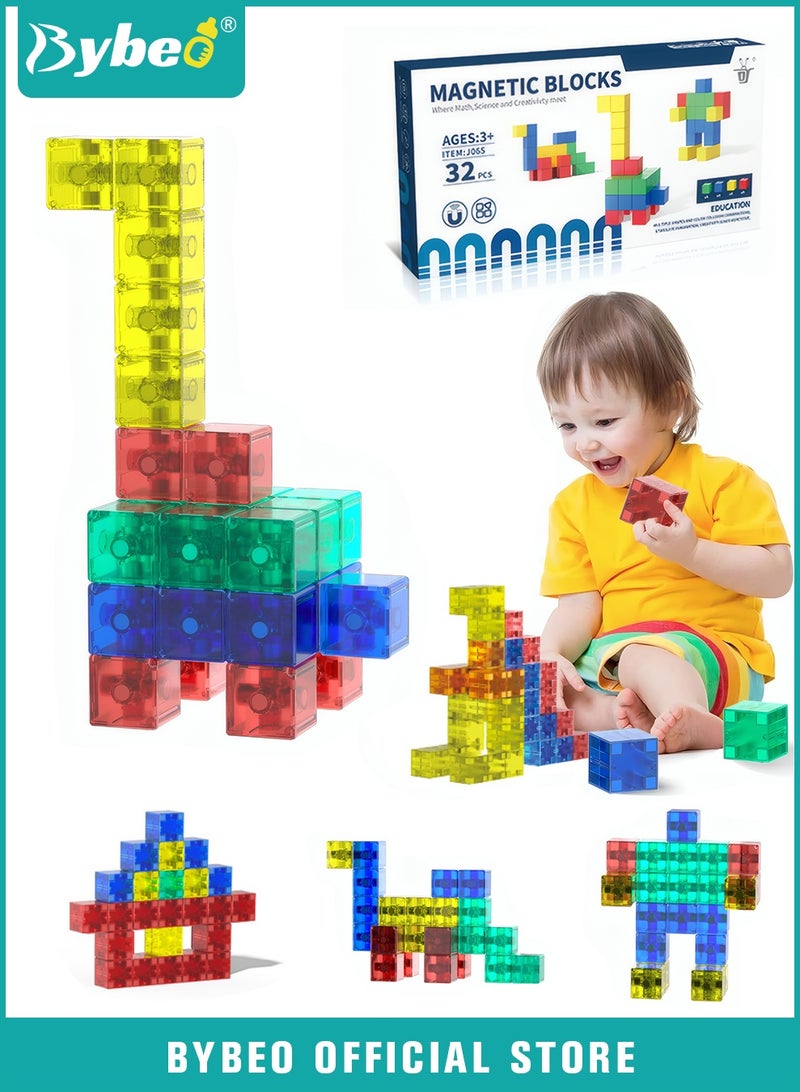 بيبو مجموعة مكعبات بناء مغناطيسية للأطفال من 32 قطعة، مكعبات مغناطيسية، ألعاب مونتيسوري، لعبة STEM للأطفال من عمر سنتين فما فوق، مجموعة مكعبات بناء ثلاثية الأبعاد تعزز التطور الإبداعي والتعليمي للعقل - Image 1