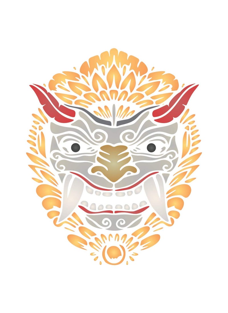 Usnyabni Barong Mask Stencil, 10 x 12.5 inch (L) - Balinese Mythology Panther-Like Creature of Bali Indonesian Stencils Template for Painting  - Image 1