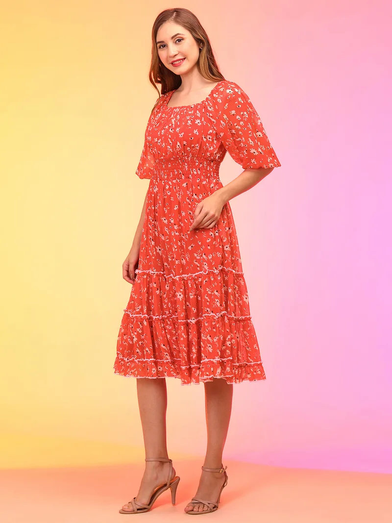 globus Women Red Floral Printed Puff Sleeve Chiffon Fit & Flare Midi Dress