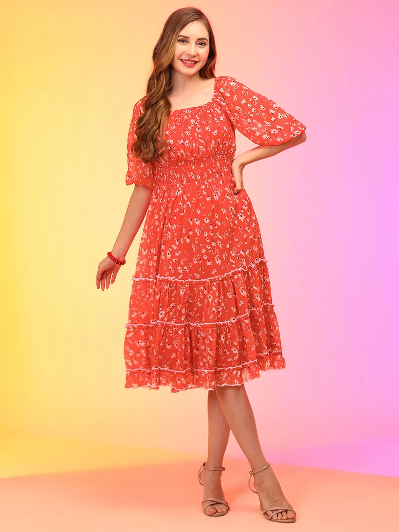 globus Women Red Floral Printed Puff Sleeve Chiffon Fit & Flare Midi Dress
