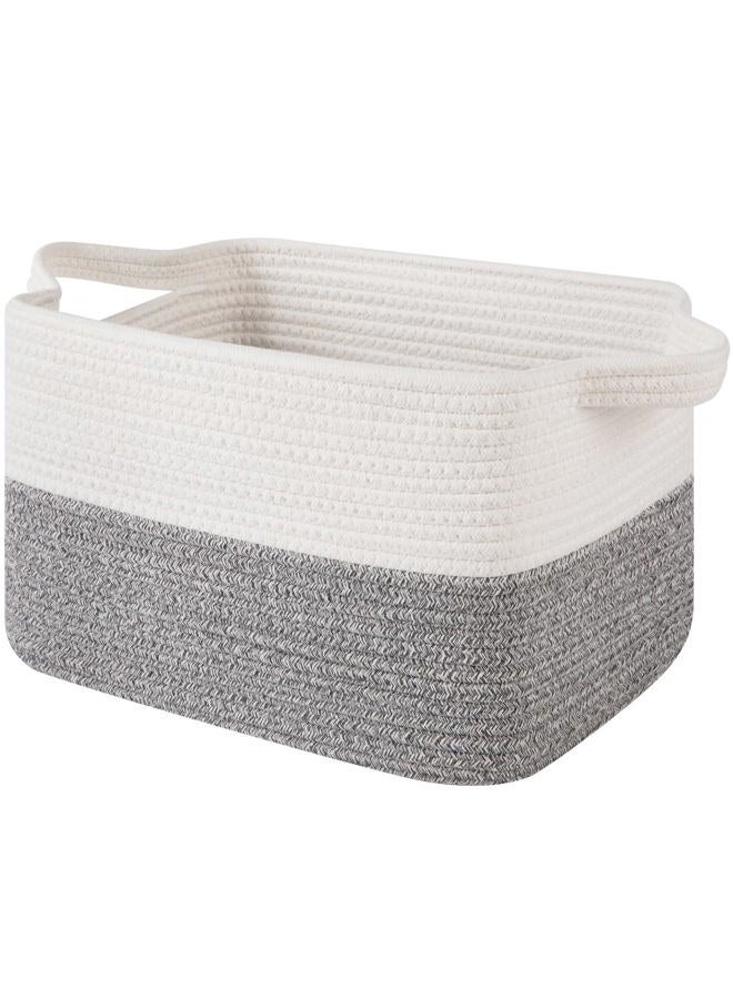OIAHOMY Woven Storage Basket for Shelves, Rectangle Cotton Rope Baskets for Organizing, 13 x 10 x 9 in, Storage Bins for Dog Toys,Towel,Books,Gift,Grey and White - Image 1