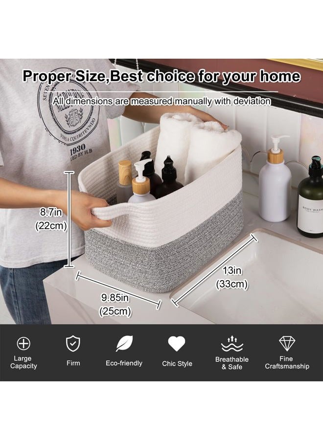 OIAHOMY Woven Storage Basket for Shelves, Rectangle Cotton Rope Baskets for Organizing, 13 x 10 x 9 in, Storage Bins for Dog Toys,Towel,Books,Gift,Grey and White - Image 4