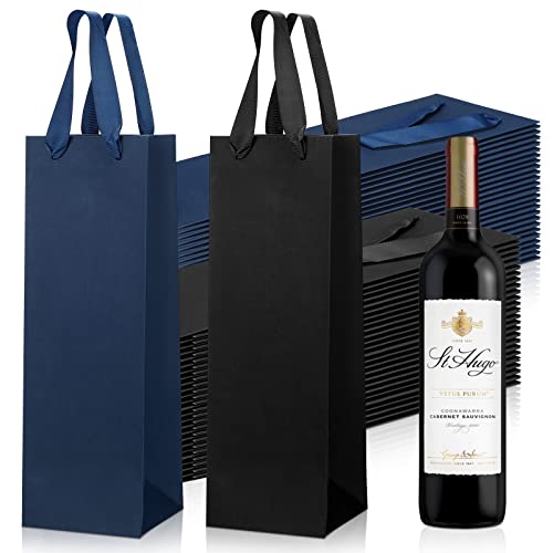 Fumete 50 Pack Wine Bottle Gift Bags Paper Wine Gift Bags Bulk 13.8x3.7x3.5 Inch with Handles for Appreciation Gifting Wedding Anniversary Birthday Party(Black, Navy Blue) - Image 1