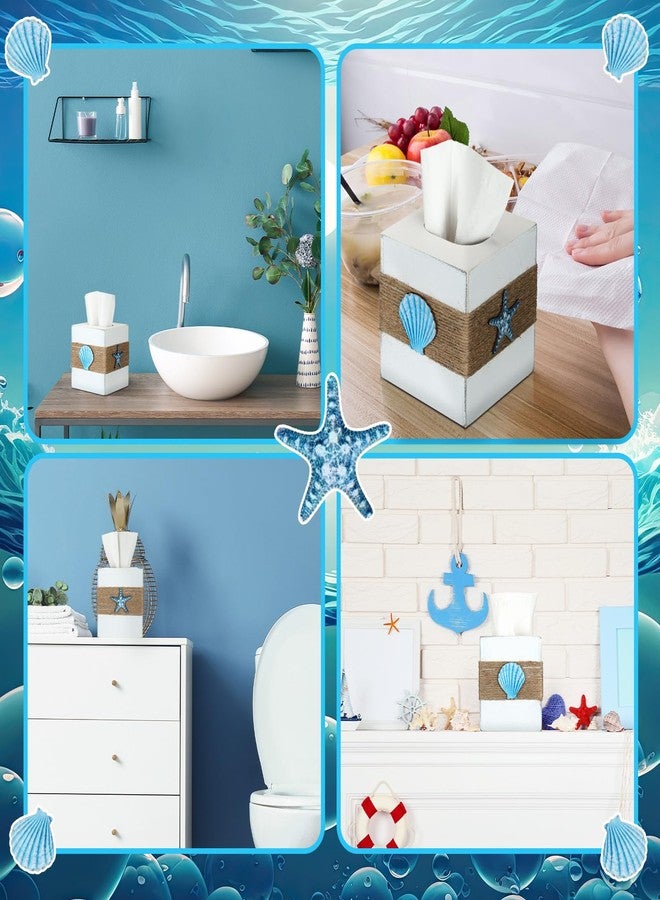 Threehoney Wood Tissue Box Cover Square Beach Farmhouse Bathroom Accessories Conch Starfish White Tissue Box Holder with Slide Out Bottom Rustic Ocean Room Decor Coastal Napkin Holder - Image 4