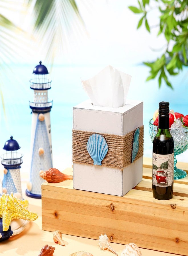 Threehoney Wood Tissue Box Cover Square Beach Farmhouse Bathroom Accessories Conch Starfish White Tissue Box Holder with Slide Out Bottom Rustic Ocean Room Decor Coastal Napkin Holder - Image 3